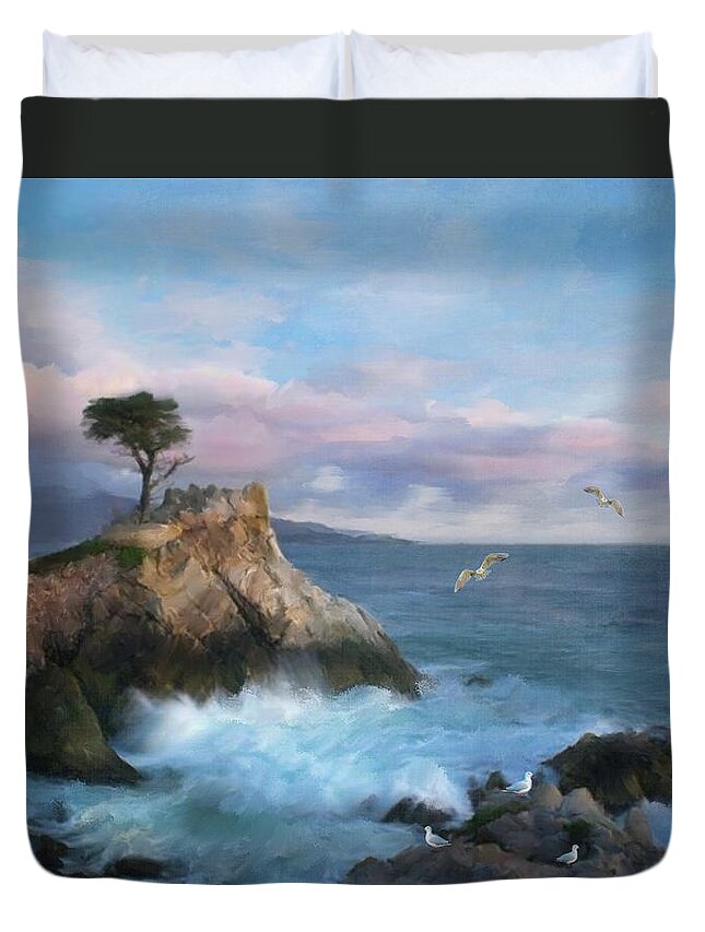 Cypress Point Duvet Cover featuring the mixed media The Lone Cypress at Cypress Point by Colleen Taylor