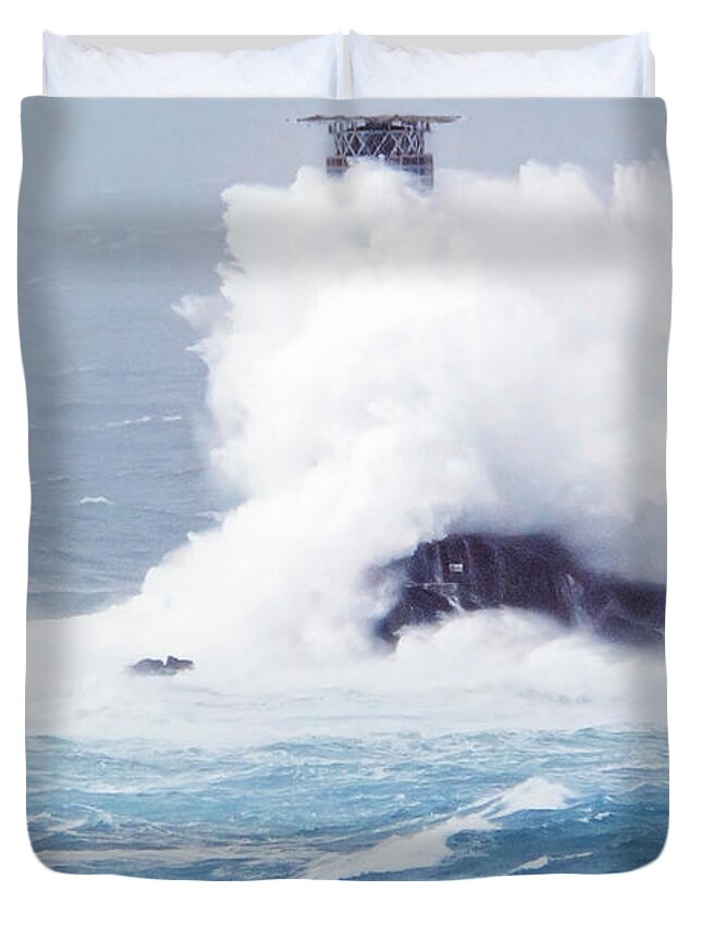 Longships Lighthouse Duvet Cover featuring the photograph The Longships Lighthouse Meets Storm Diana In Cornwall by Terri Waters