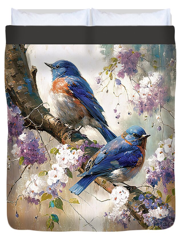Bluebirds Duvet Cover featuring the painting The Lovely Bluebirds by Tina LeCour