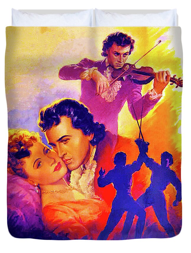 Magic Duvet Cover featuring the painting ''The Magic Bow'', 1946,movie poster painting by Anselmo Ballester by Stars on Art