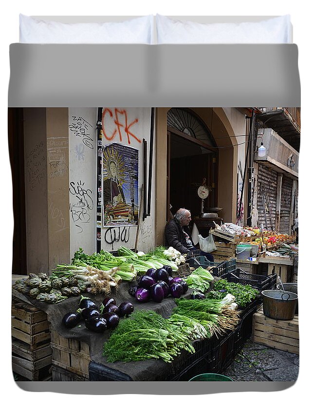 Market Duvet Cover featuring the photograph The Market in Palermo, Sicily by Regina Muscarella