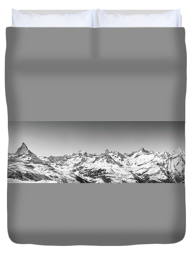 Alpine Duvet Cover featuring the photograph The Matterhorn and Swiss Mountains Panorama BW by Rick Deacon