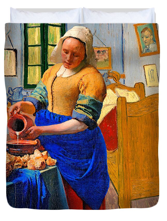 Milkmaid Duvet Cover featuring the digital art The Milkmaid by Johannes Vermeer inside Van Goghs Bedroom in Arles by Nicko Prints