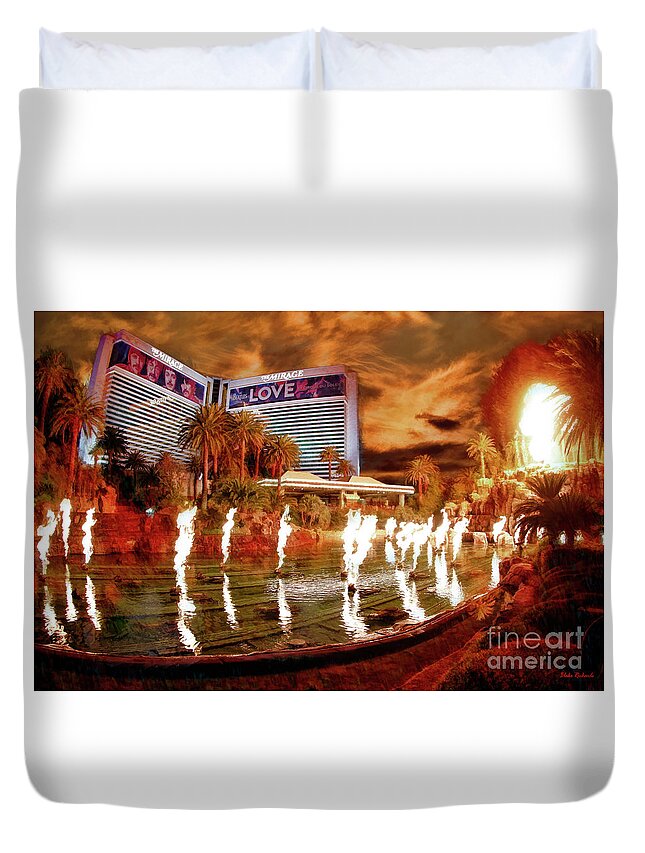 The Mirage Duvet Cover featuring the photograph The Mirage Fire Display Las Vegas by Blake Richards