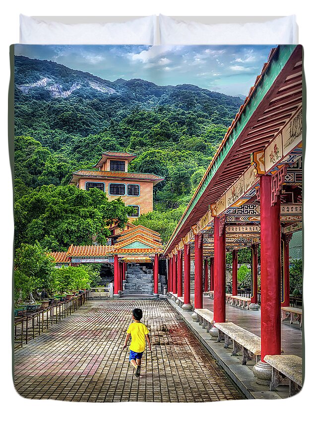Huanglong Temple Duvet Cover featuring the photograph The Monastery Corridor by Endre Balogh