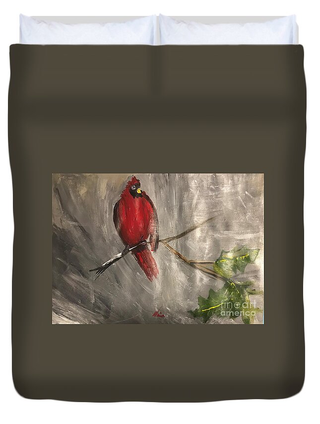 Red Cardinal Bird Eye Duvet Cover featuring the painting The Moon in the Eye by Nina Jatania