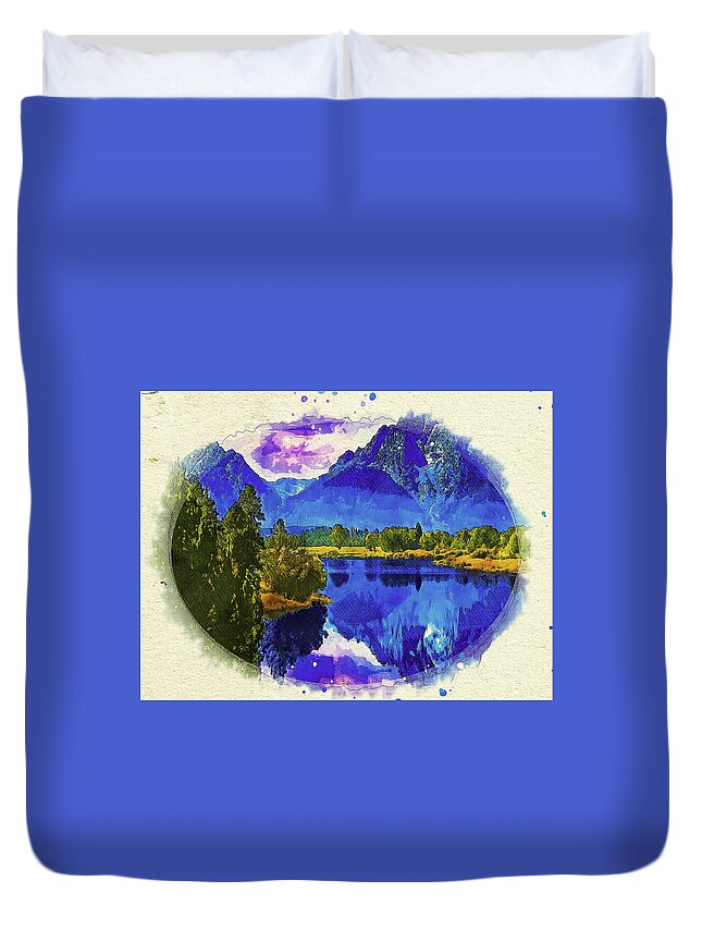 The Mountain Lake Duvet Cover featuring the mixed media The Mountain Lake by Pheasant Run Gallery