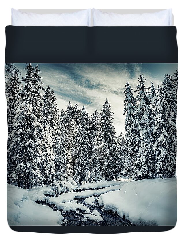 Natural Beauty Duvet Cover featuring the photograph The Natural Path - River Through the Snowy Forest by Benoit Bruchez