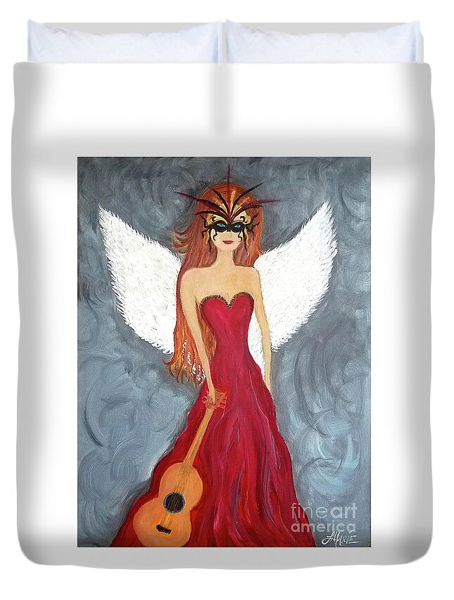 Mask Duvet Cover featuring the painting The Nightingale by Artist Linda Marie