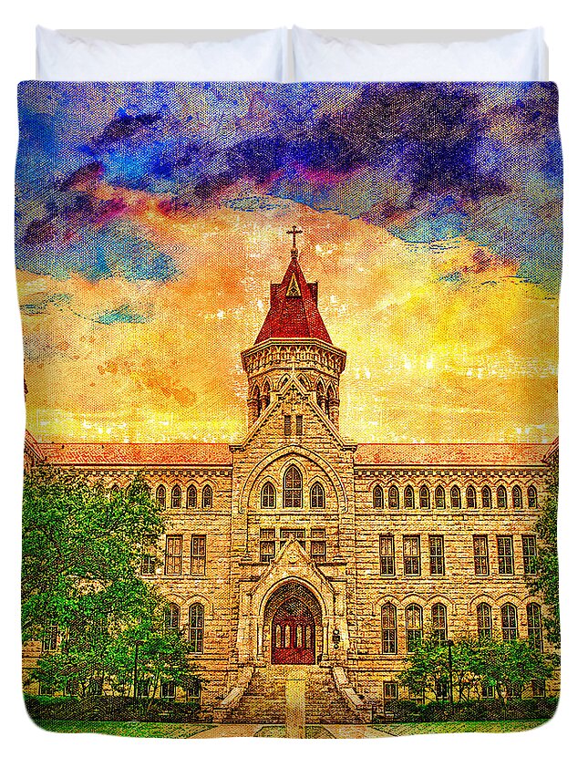 Main Building Duvet Cover featuring the digital art The north side of the Main Building of St. Edward's University in Austin, Texas, at sunset by Nicko Prints