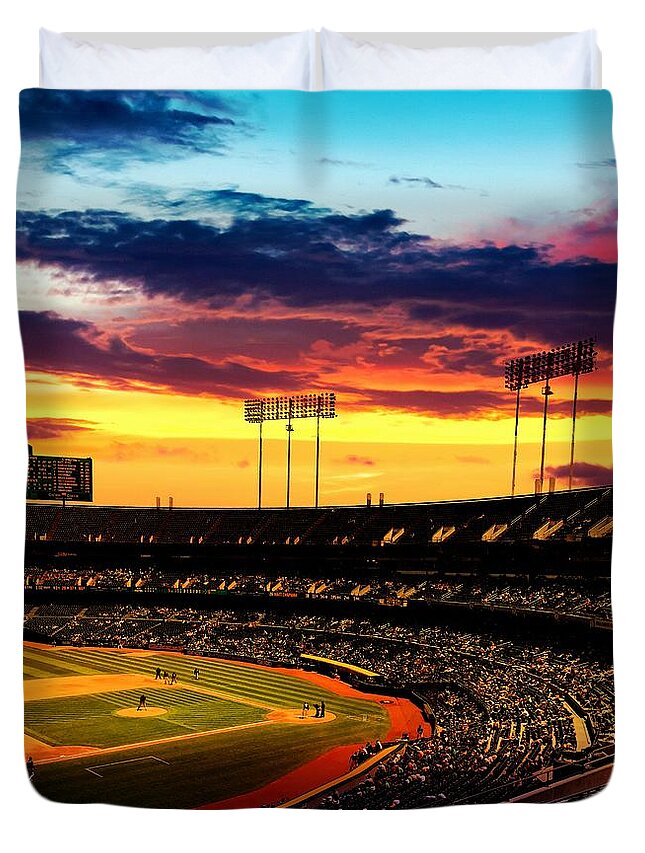 Oakland Duvet Cover featuring the digital art The Oakland-Alameda County Coliseum in sunset light by Nicko Prints
