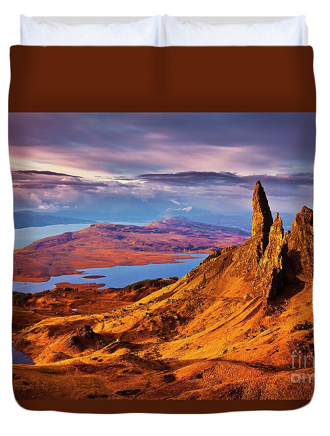 Old Man Of Storr Duvet Cover featuring the photograph Old Man of Storr at sunrise, Isle of Skye by Neale And Judith Clark