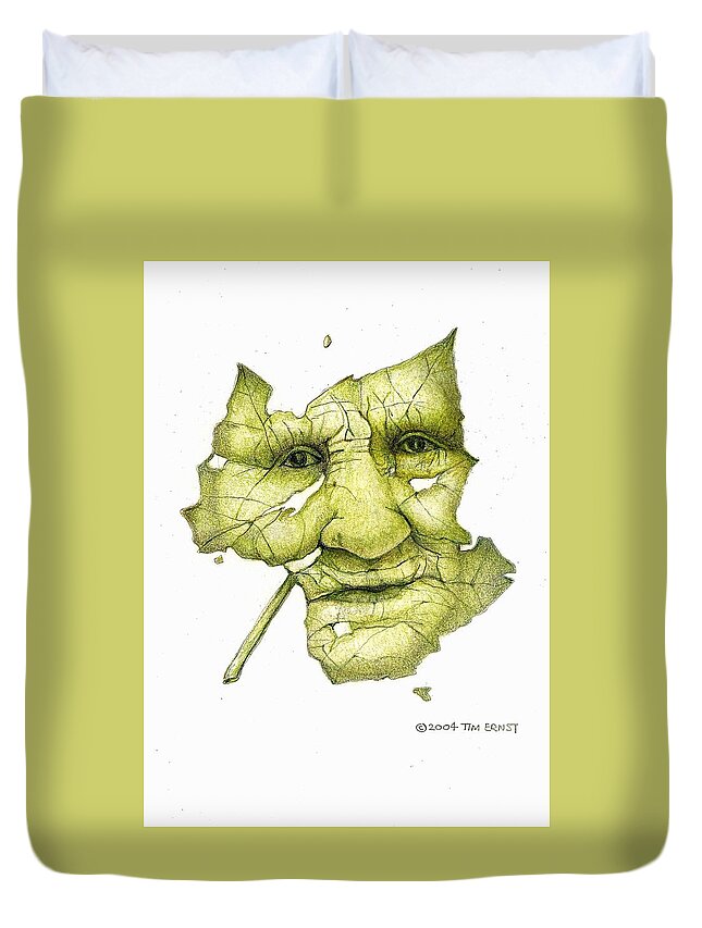 Colored Pencil Duvet Cover featuring the drawing The old old leaf face by Tim Ernst