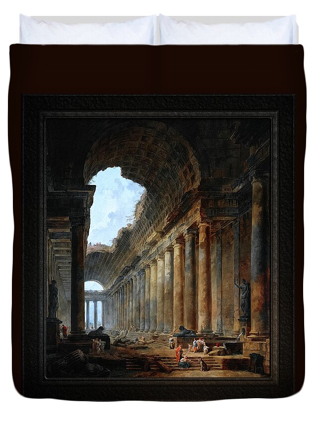 The Old Temple Duvet Cover featuring the painting The Old Temple by Hubert Robert Old Masters Fine Art Reproduction by Rolando Burbon