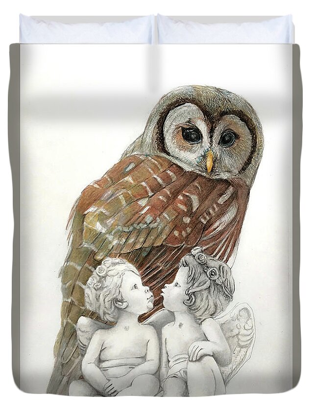 Prey Duvet Cover featuring the drawing The Owl-guardian or predator by Tim Ernst