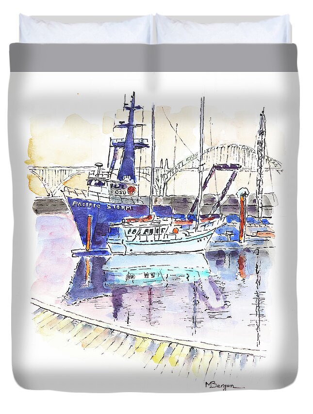 Boats Duvet Cover featuring the drawing The Pacific Storm OSU Research Vessel by Mike Bergen