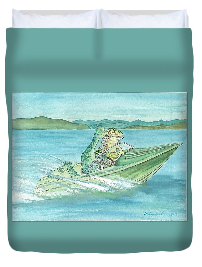 Pend Oreille Paddler Duvet Cover featuring the painting The Paddler and a Brook Trout go for Cruise by Whitney Palmer