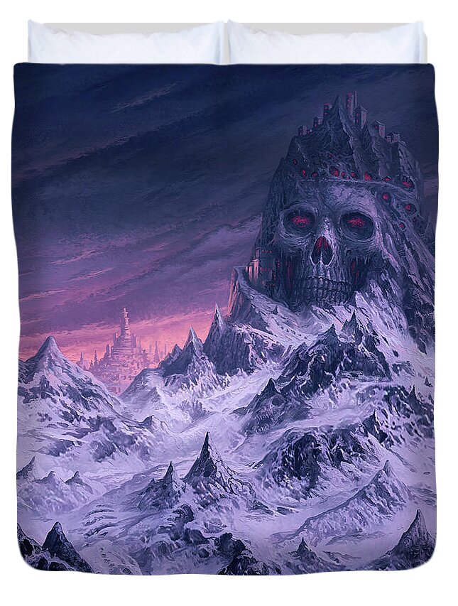 Mountains Duvet Cover featuring the painting The Peak of Despair by Mark Cooper