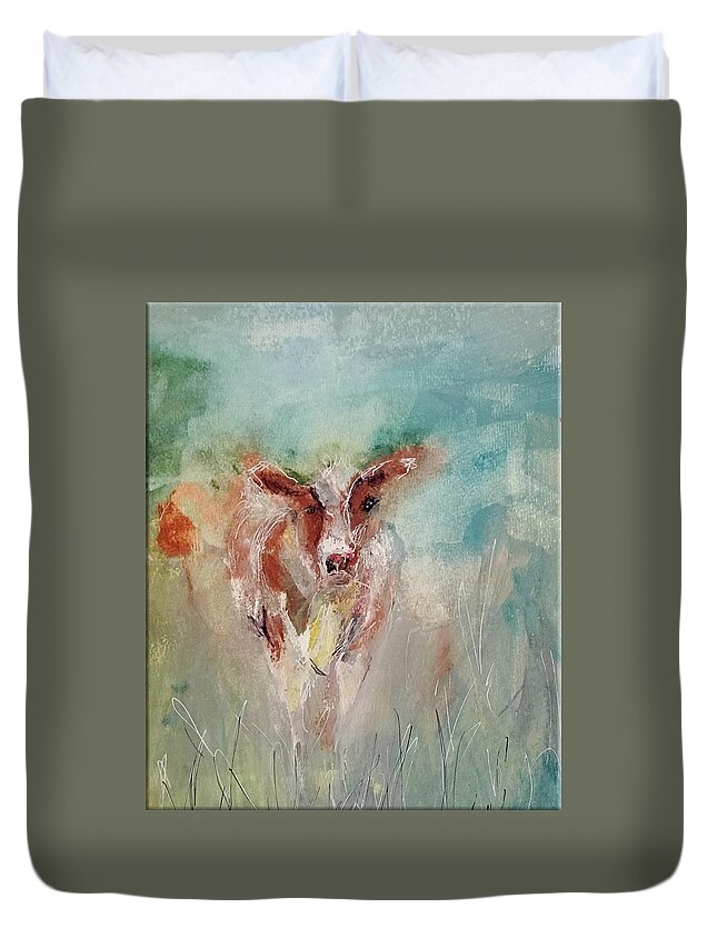 Bethany Duvet Cover featuring the painting The Petting Pet Cow by Lisa Kaiser