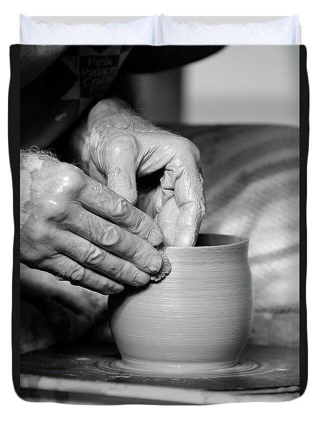 Ceramic Duvet Cover featuring the photograph The Potter's Hands bw by Lens Art Photography By Larry Trager
