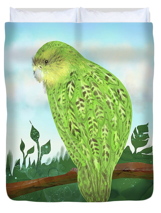 Kakapo Bird Duvet Cover featuring the digital art The Pretty Kakapo - Owl Parrot by Andreea Dumez