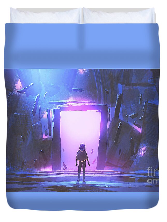 Illustration Duvet Cover featuring the painting The Purple Gate To Another Side by Tithi Luadthong