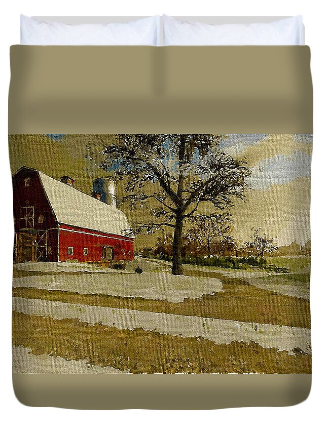 Winter Duvet Cover featuring the painting The Red Barn by Charlie Roman