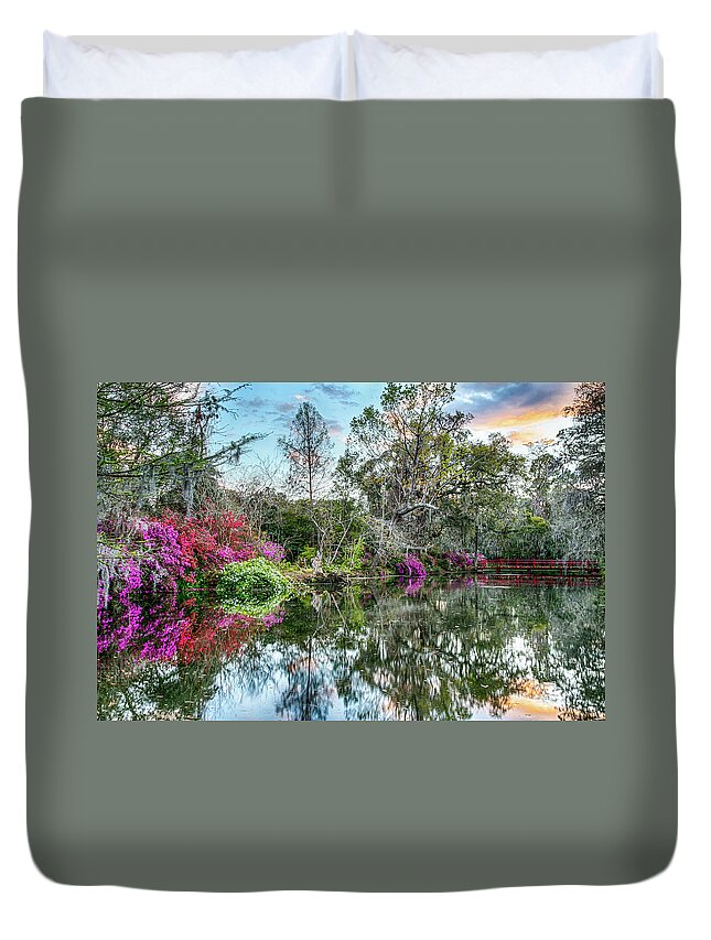  Duvet Cover featuring the photograph The Red Bridge at Sunset by Jim Miller