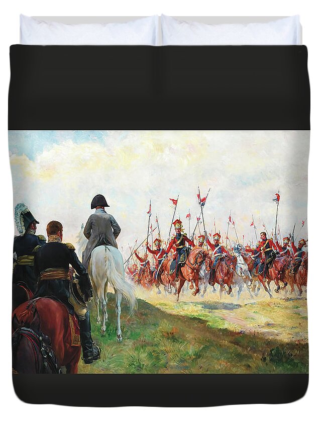 Red Duvet Cover featuring the painting The Red Lancers by Henri Georges Chartier