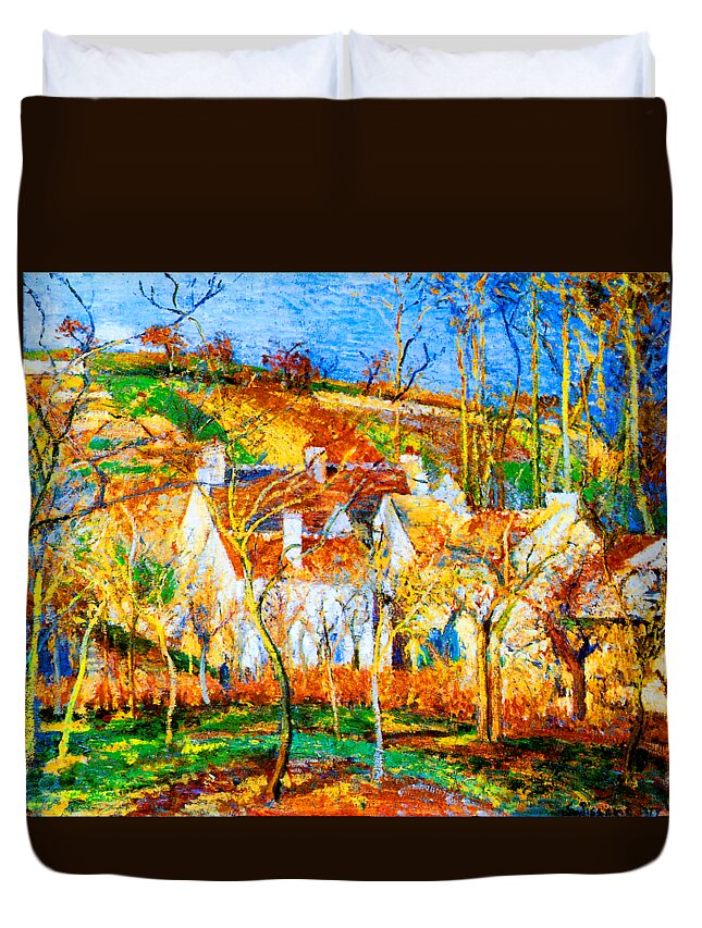 Camille Duvet Cover featuring the painting The Red Roofs, Corner of a Village Winter 1877 by Camille Pissarro