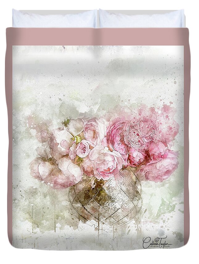 Pink Roses Duvet Cover featuring the mixed media The Rose Bowl by Colleen Taylor