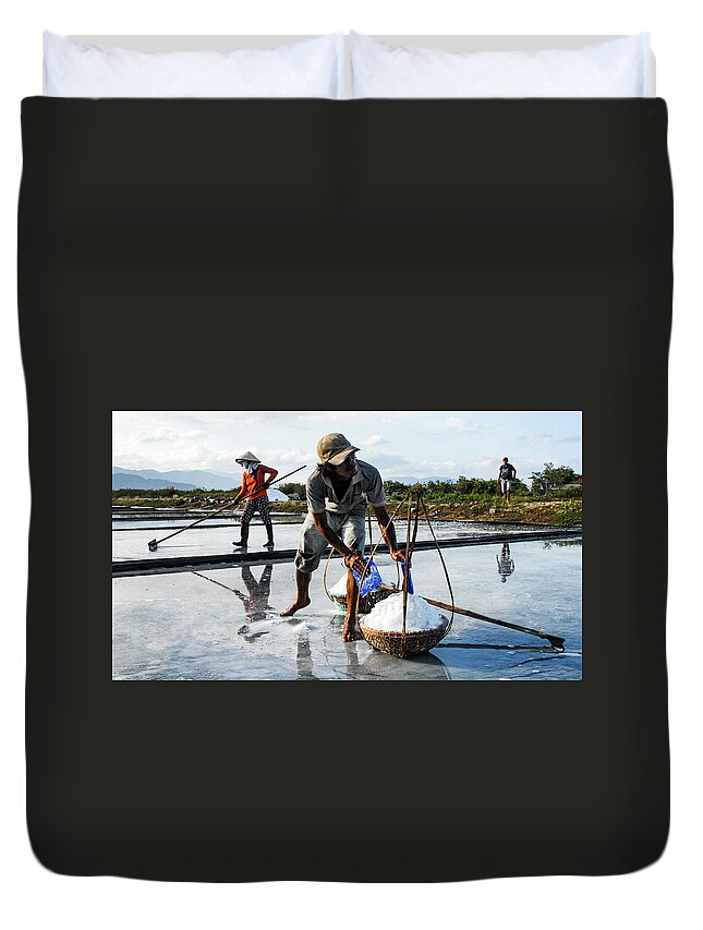 Salt Duvet Cover featuring the photograph The Salt Fields - Salt Farmers, Vietnam by Earth And Spirit