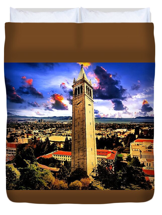 Berkeley Duvet Cover featuring the digital art The Sather Tower and a a view to Berkeley Campus, downtown Berkeley and San Francisco Bay at sunrise by Nicko Prints