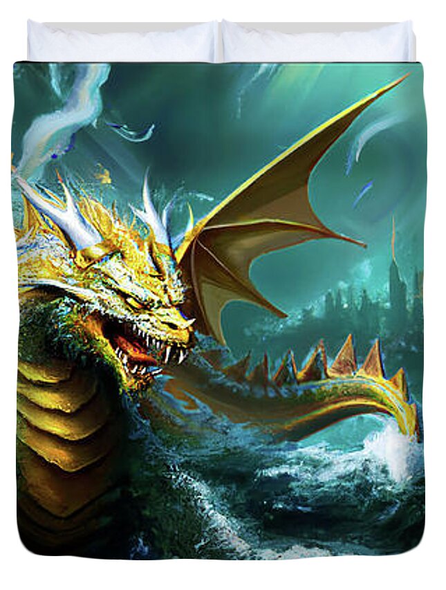Monster Duvet Cover featuring the mixed media The sea dragon turf battle kaiju mural by Shawn Dall