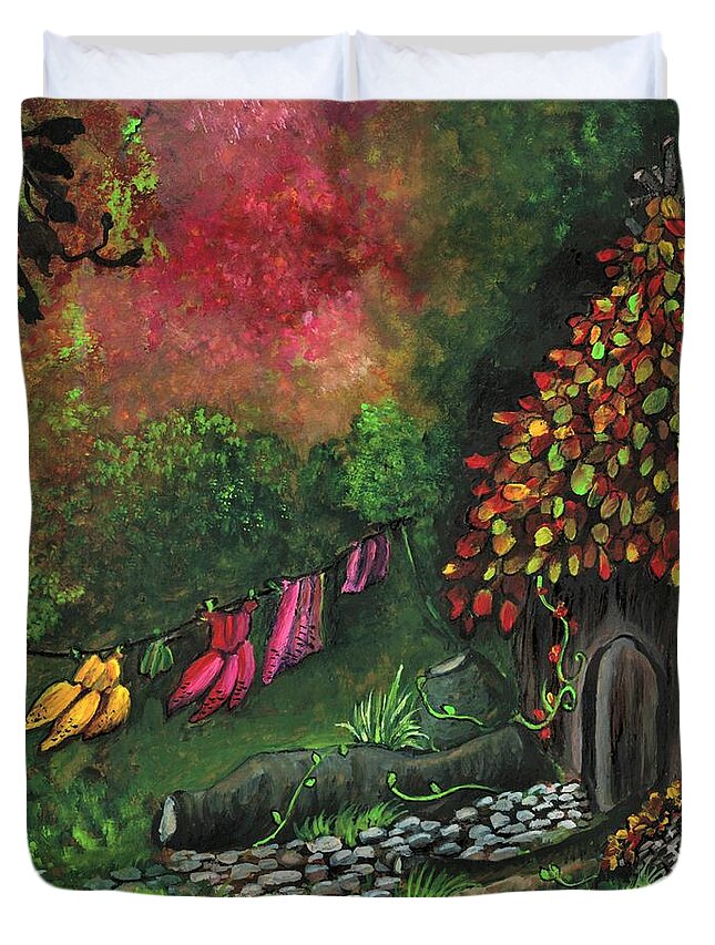 Fairy Duvet Cover featuring the painting The secret fairy house by Tara Krishna