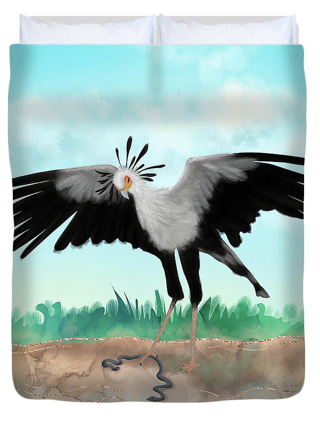 Secretary Bird Duvet Cover featuring the digital art The Secretary Bird Going After a Snake by Andreea Dumez