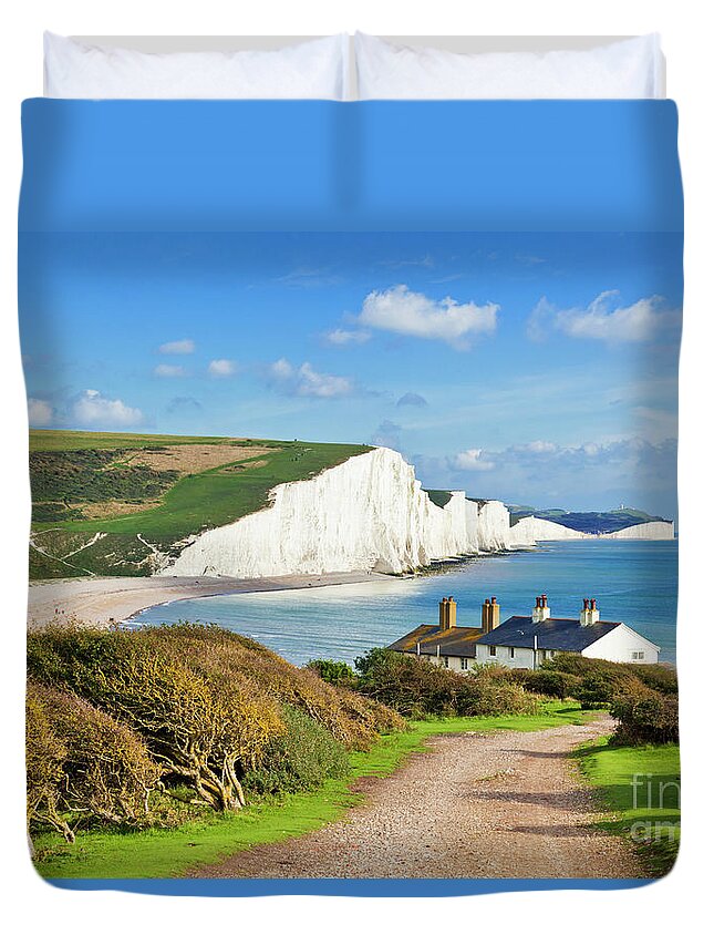 Seven Sisters Cliffs Duvet Cover featuring the photograph The Seven Sisters cliffs and coastguard cottages, South Downs, East Sussex, England by Neale And Judith Clark