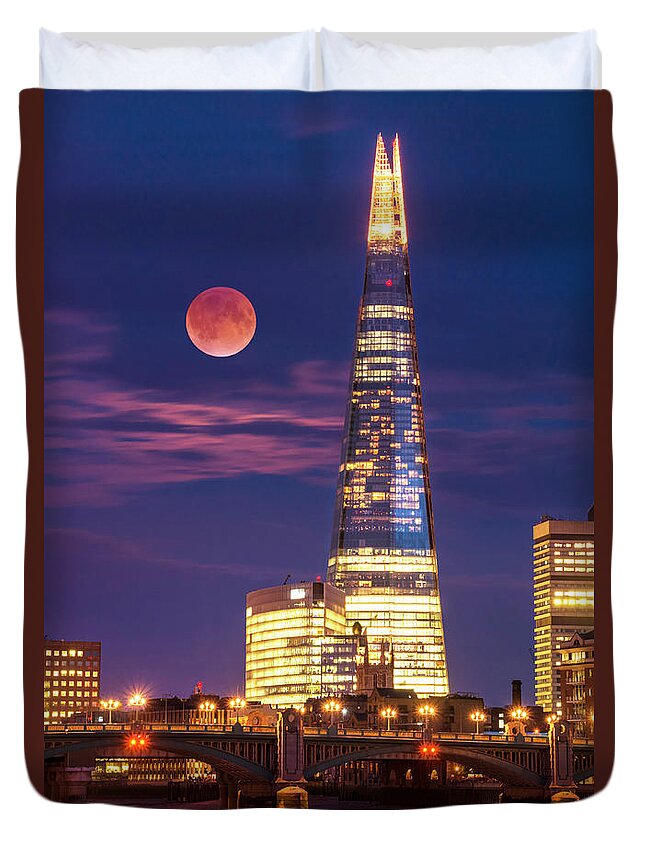 London Duvet Cover featuring the photograph The Shard and red moon, London by Neale And Judith Clark