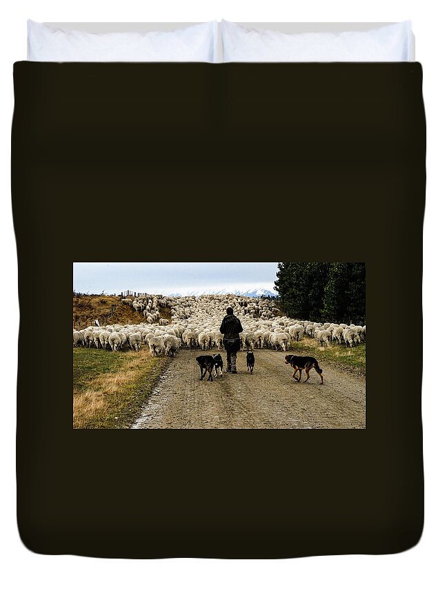 New Zealand Duvet Cover featuring the photograph While Shepherds Watched - High Country Muster, South Island, New Zealand by Earth And Spirit