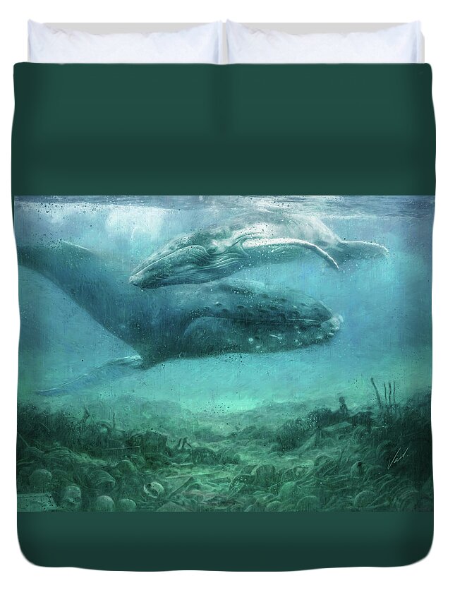 Ocean Duvet Cover featuring the painting The silence of the ocean - original artwork by Vart by Vart