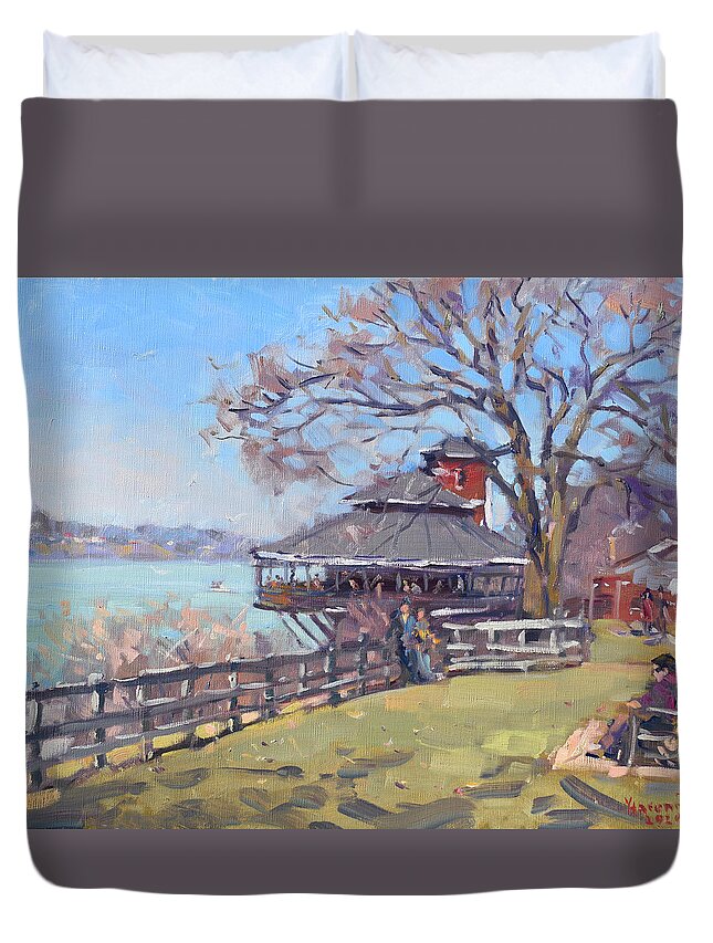 The Silo Duvet Cover featuring the painting The Silo Restaurant in Lewiston by Ylli Haruni