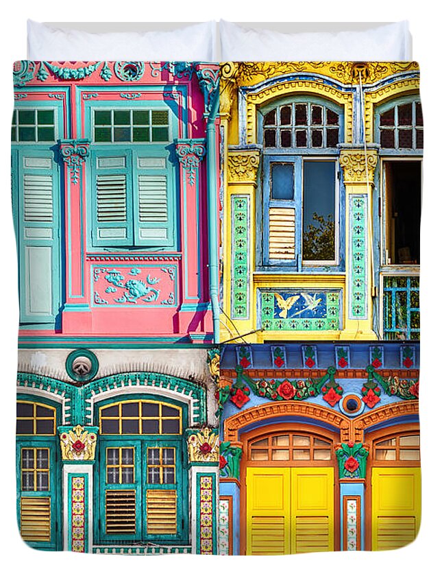 Singapore Duvet Cover featuring the photograph The Singapore Shophouse 3 by John Seaton Callahan