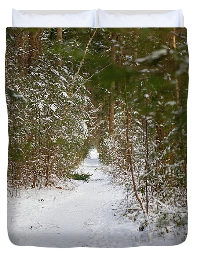 Forrest Duvet Cover featuring the photograph The snowy forest path by MPhotographer