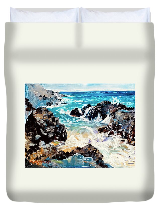 Beachscape Duvet Cover featuring the painting The Sound of Waves by Shirley Peters