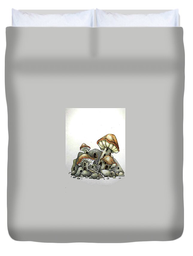 Stone Duvet Cover featuring the drawing The stone mushroom house by Tim Ernst