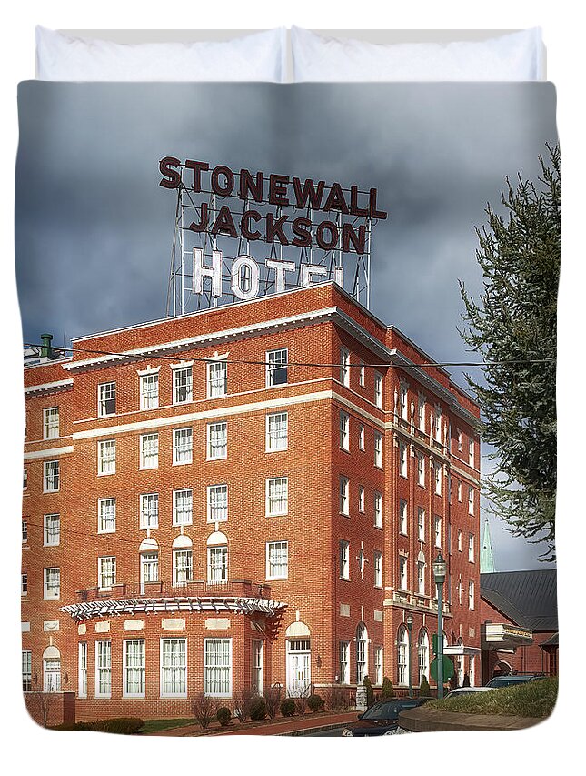 Staunton Duvet Cover featuring the photograph The Stonewall Jackson Hotel in Staunton Virginia by Susan Rissi Tregoning