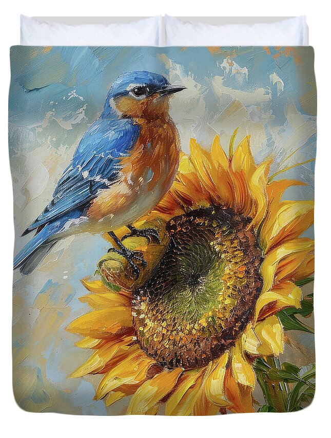 Bluebird Duvet Cover featuring the painting The Sunflower And The Bluebird by Tina LeCour