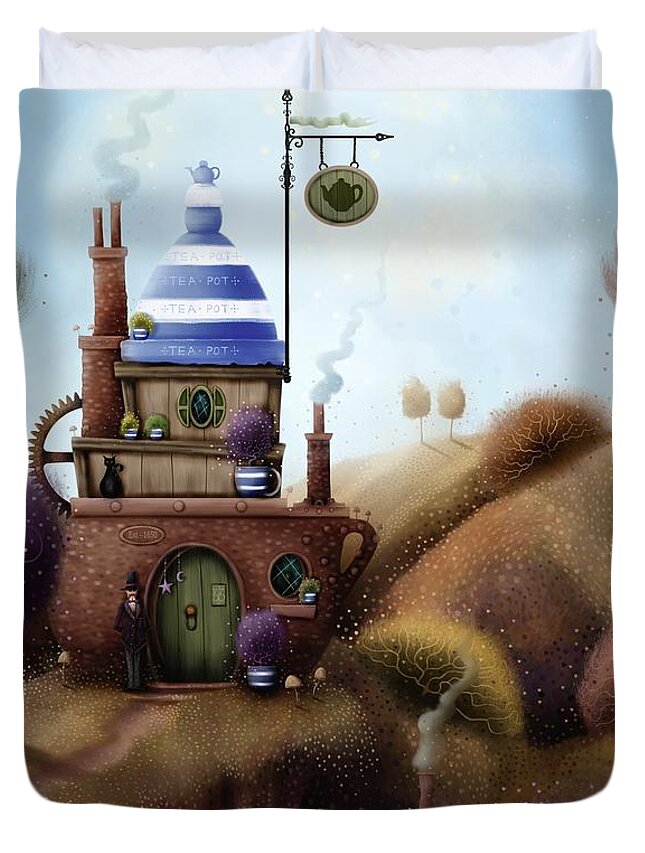 Naive Art Duvet Cover featuring the painting The Teapot by Joe Gilronan