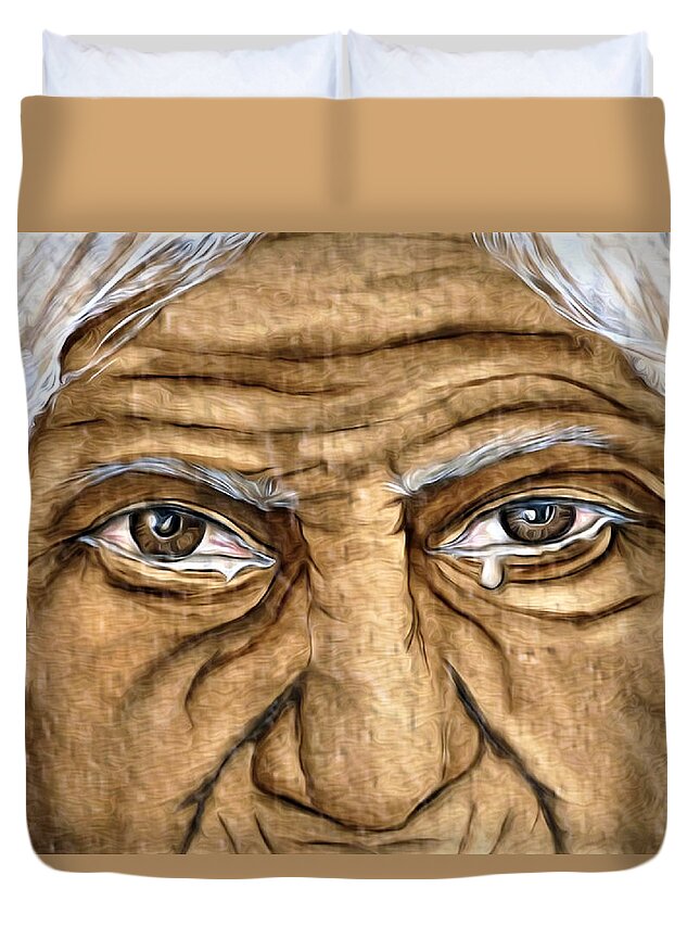 The Cry Duvet Cover featuring the mixed media The Tears of Wisdom by Kelly Mills