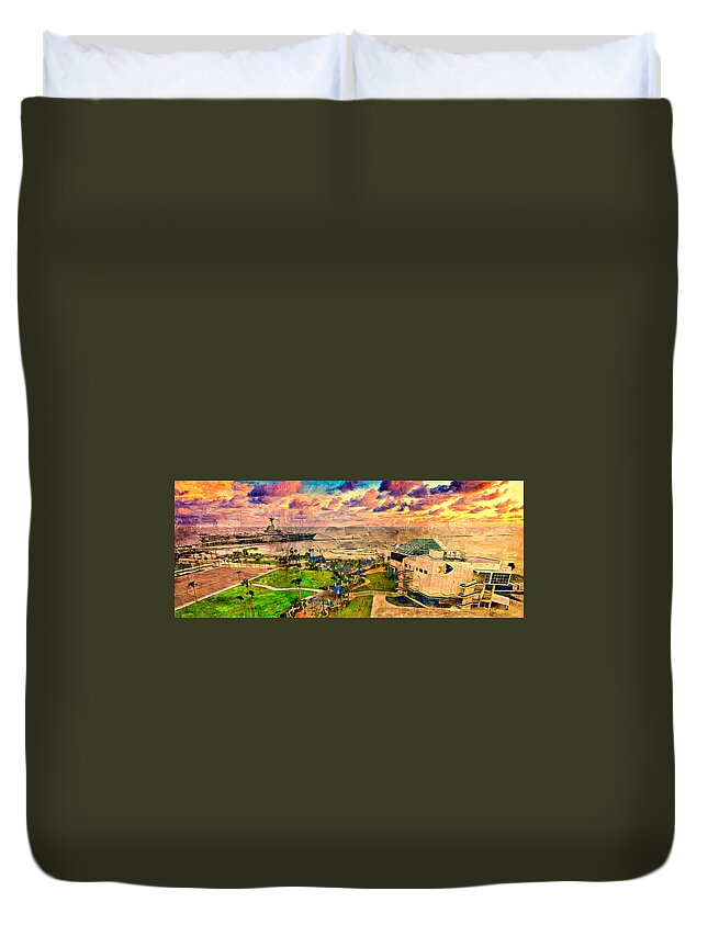 Texas State Aquarium Duvet Cover featuring the digital art The Texas State Aquarium and USS Lexington Museum in Corpus Christi at sunset by Nicko Prints